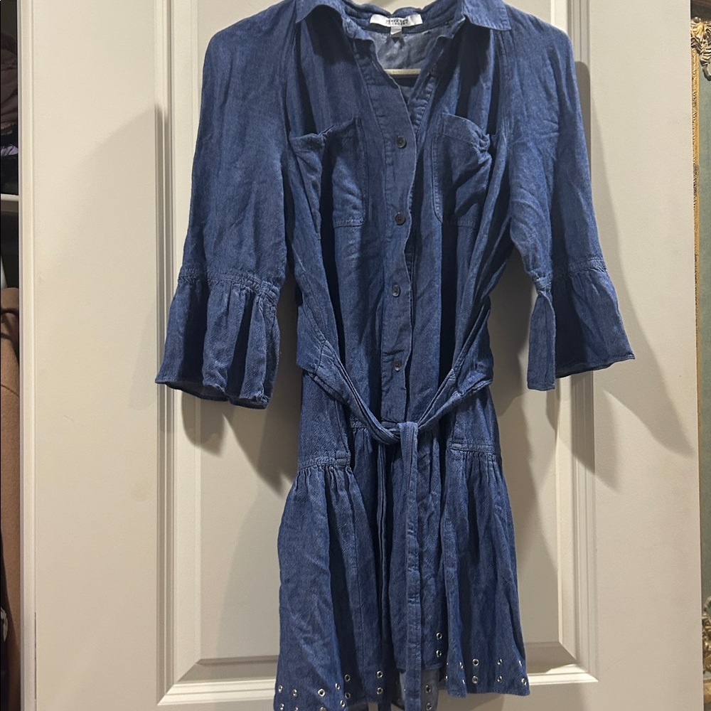 Derek Lam 10 Crosby Denim ruffle mini  Dress back wrap belt perforated hem size6